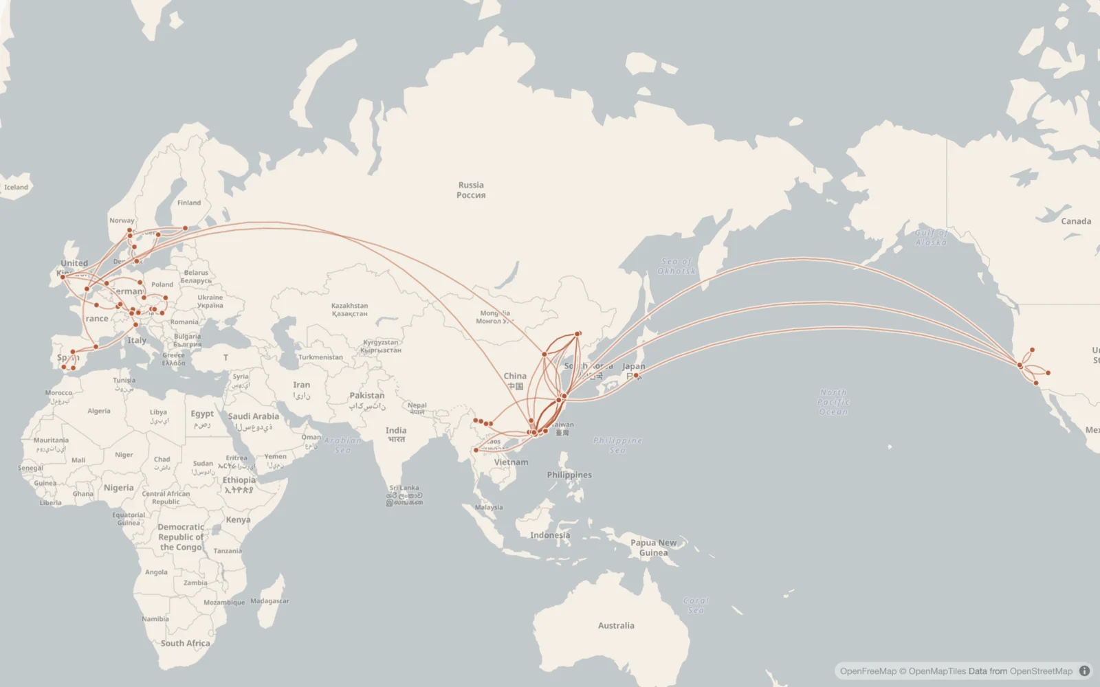 A world map with thin lines linking cities across Europe, China and the west coast of North America